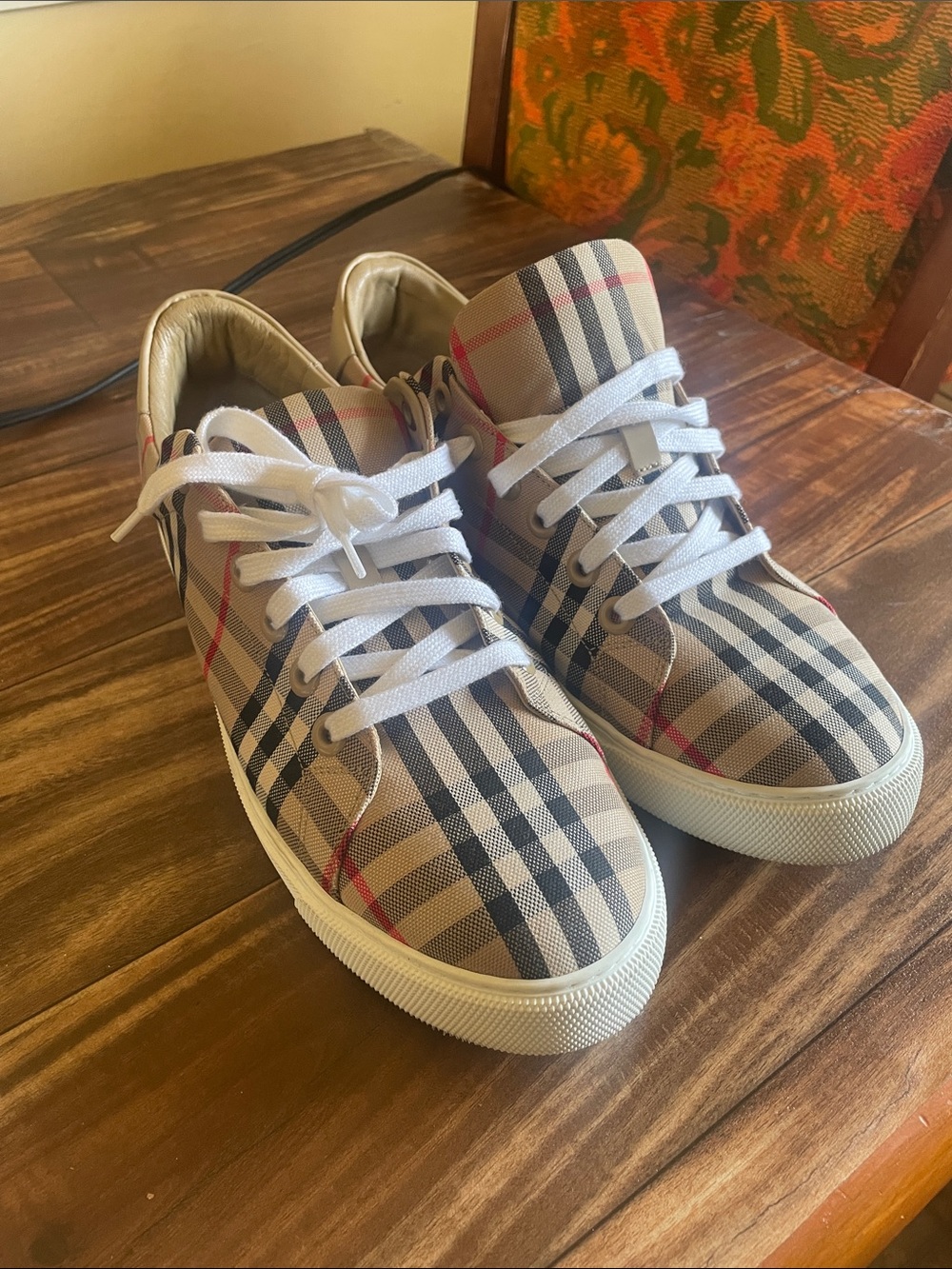 Burberry Beige Check Canvas Sneakers with White Soles